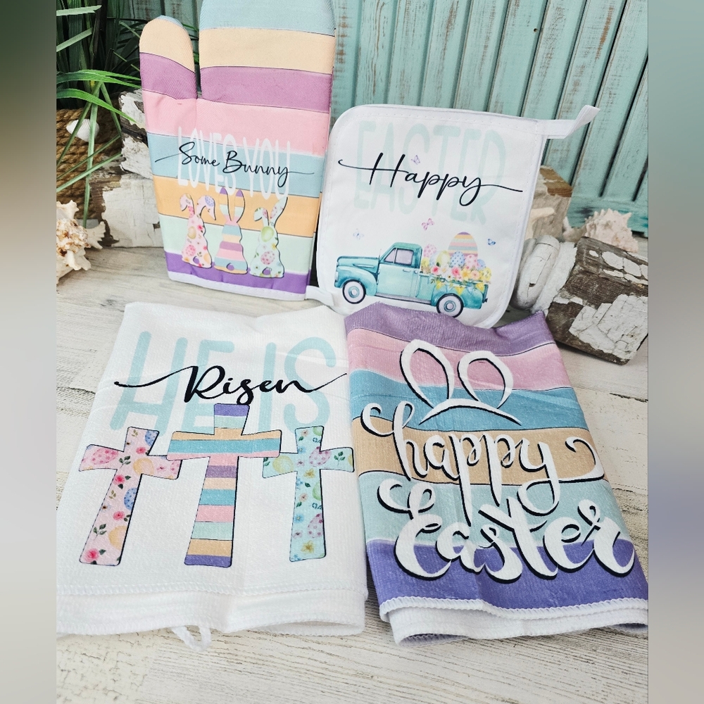 NEW Easter Bunny Pastel Kitchen Set - Oven Mitt, Potholder & 2 Towels